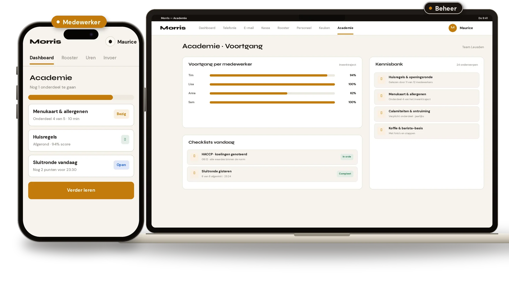 Morris academie: voortgang van het team op de Mac, leren op de telefoon