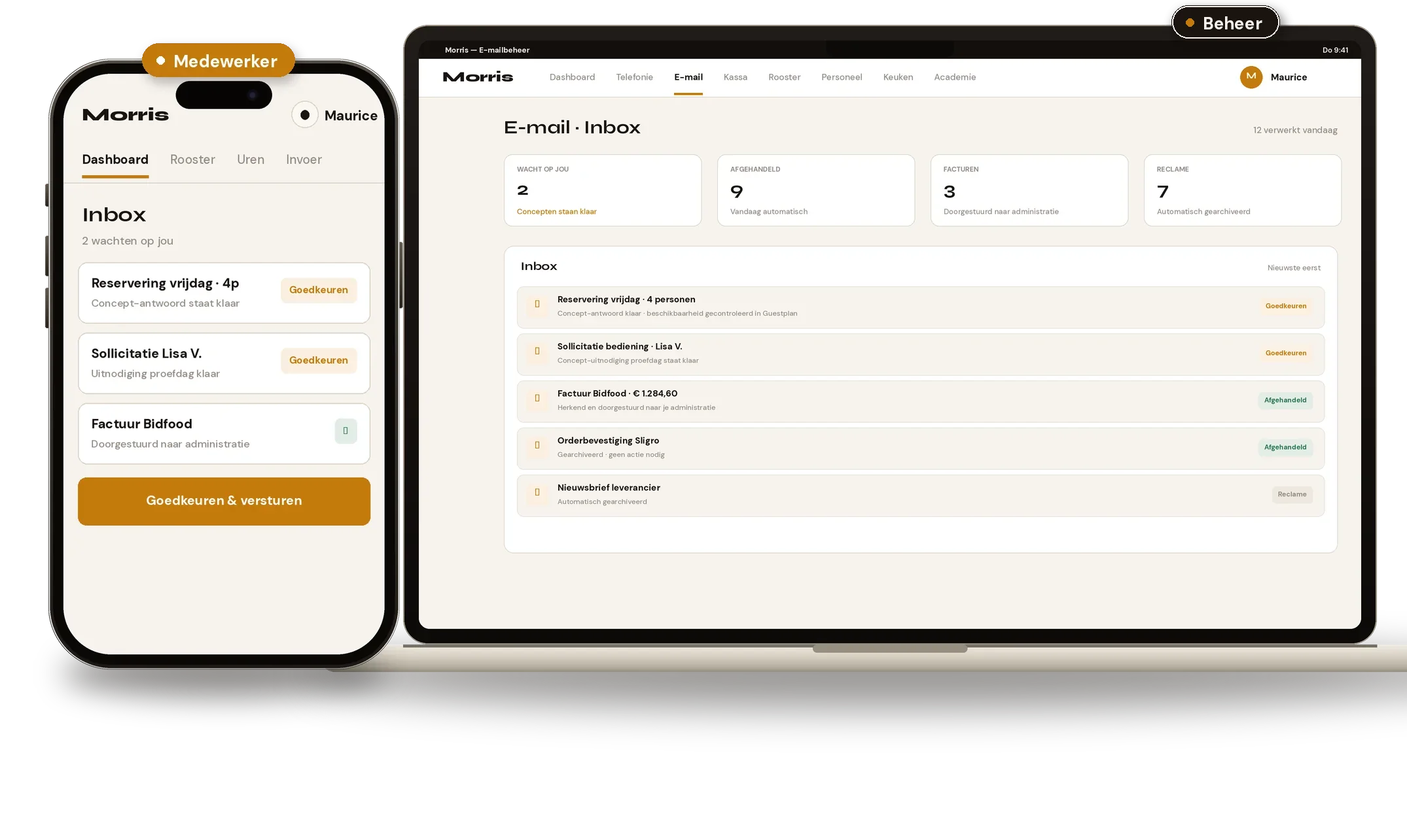 De e-mailmodule van Morris: de ingedeelde inbox met een conceptantwoord dat klaarstaat om te versturen