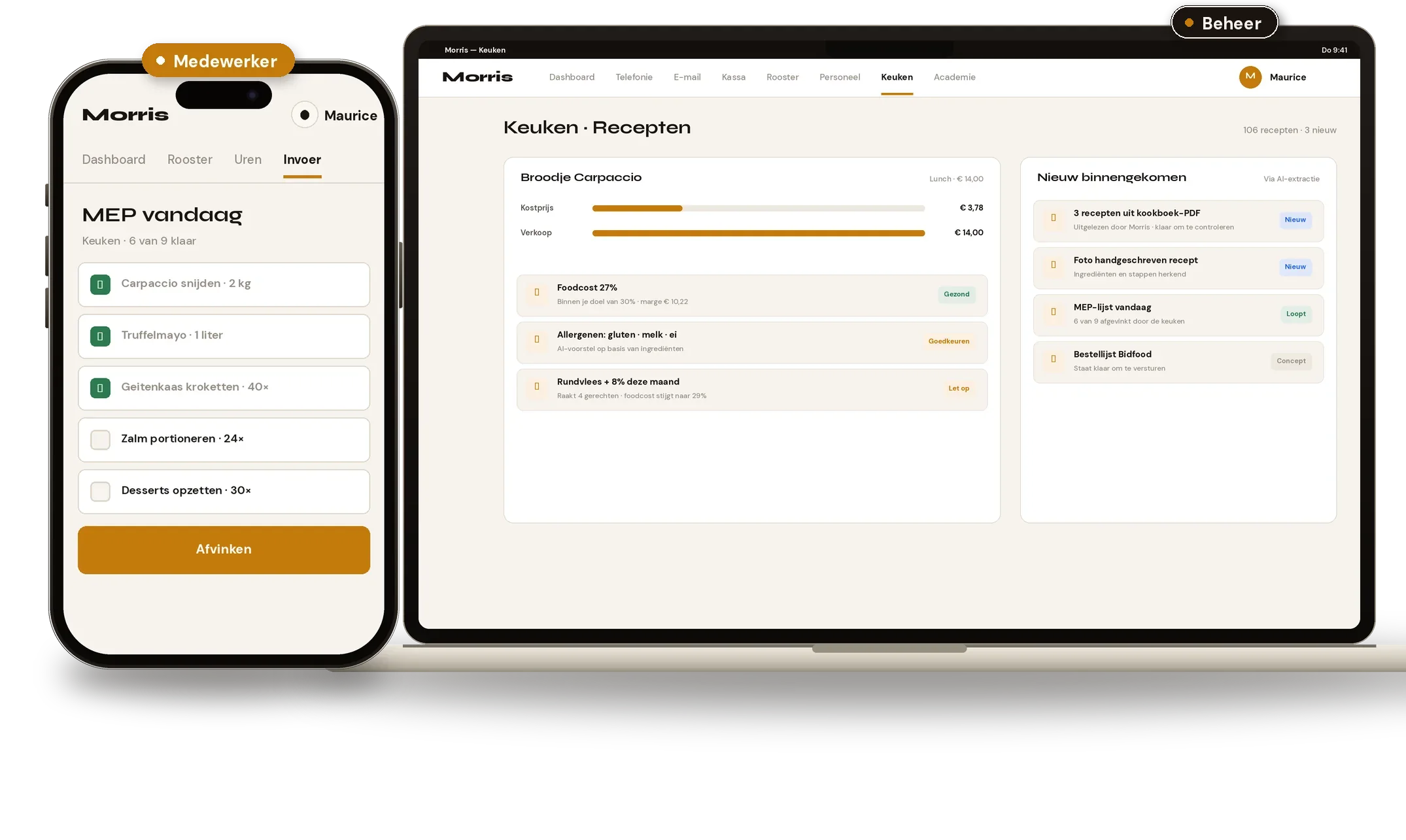 De keukenmodule van Morris: het receptenoverzicht met kostprijs en foodcost op de Mac van de beheerder, de mise-en-placelijst van vandaag op de telefoon in de keuken