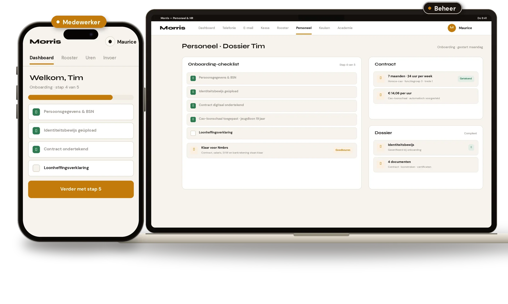 Personeel in Morris: het onboarding-dossier op de Mac van de beheerder, het contract digitaal tekenen op de telefoon van de nieuwe medewerker