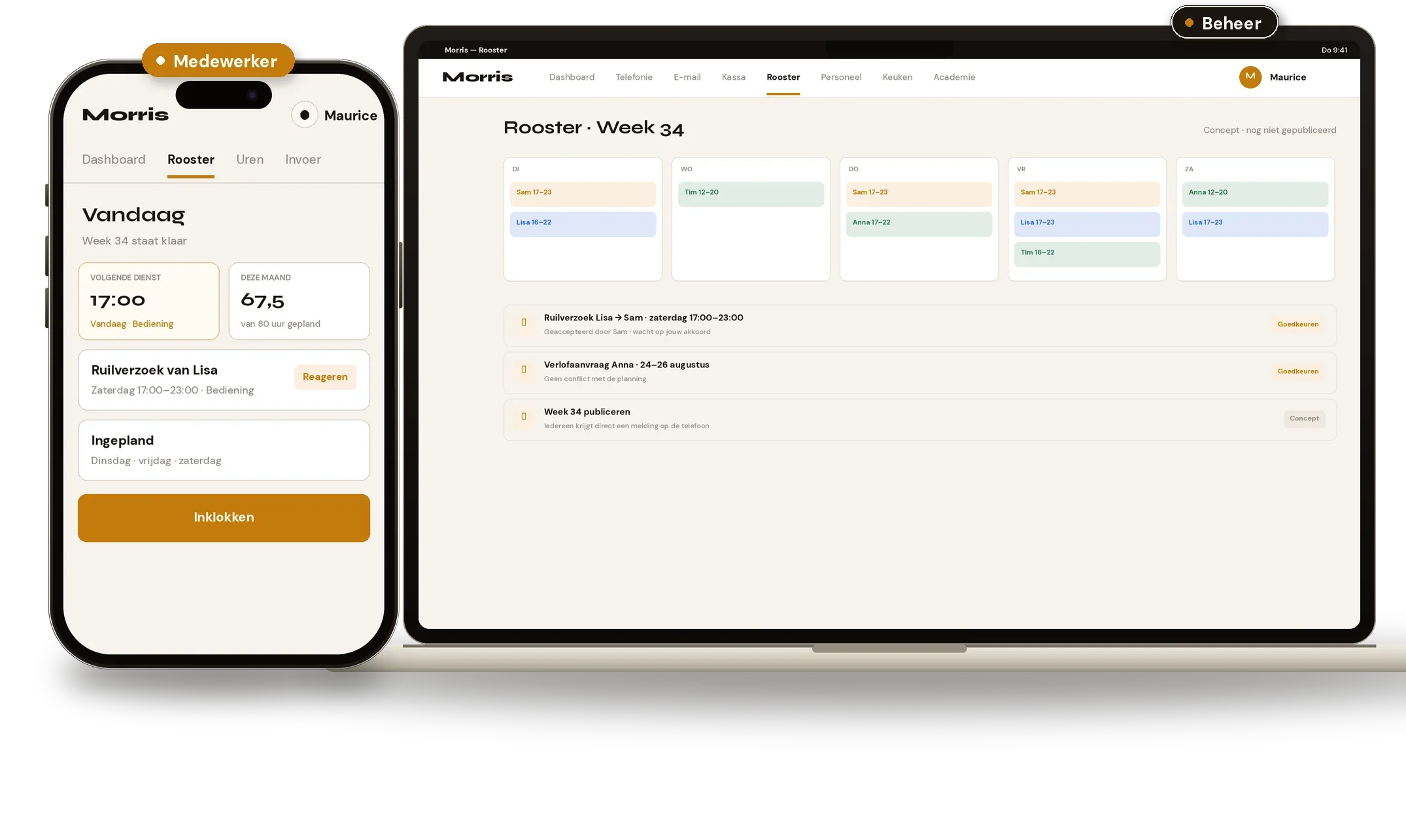 Morris rooster: weekplanning op de Mac, dienst en inklokken op de telefoon