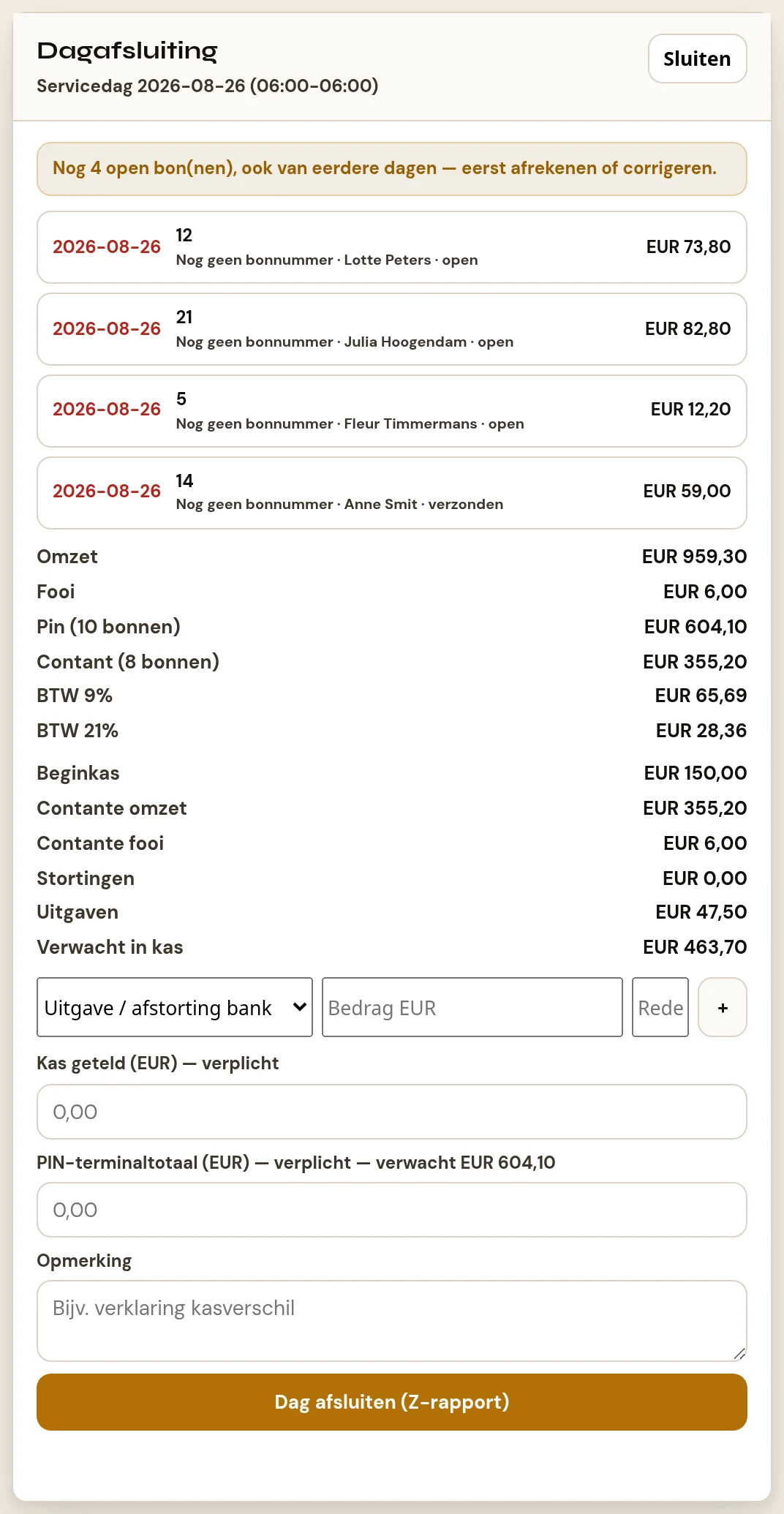 Het dagafsluitingsvenster met kastelling, pin-controle en het verwachte kasbedrag