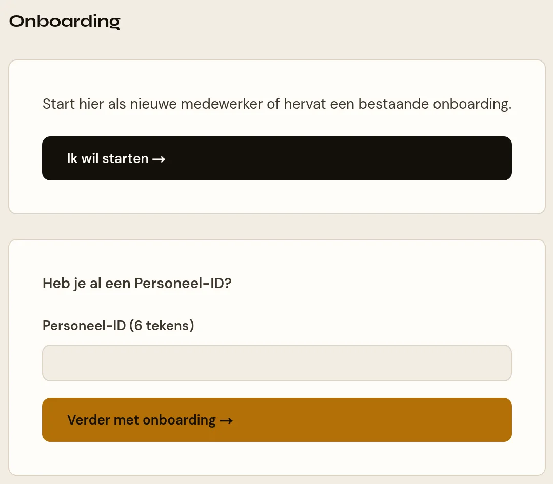Het startscherm van de onboarding, met de knop om te starten en het veld voor een bestaand Personeel-ID