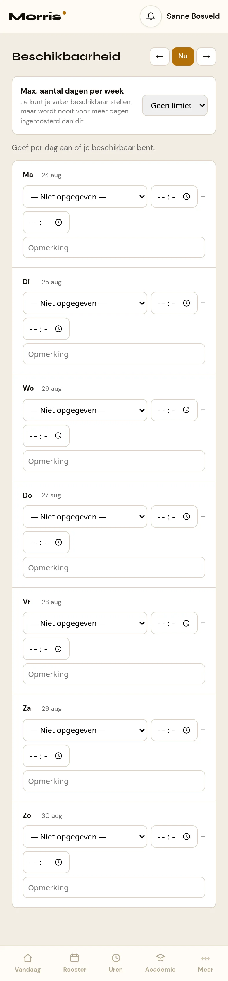 Het beschikbaarheidsscherm op de telefoon, met per dag de keuze beschikbaar, voorkeur of niet beschikbaar en de tijden erbij
