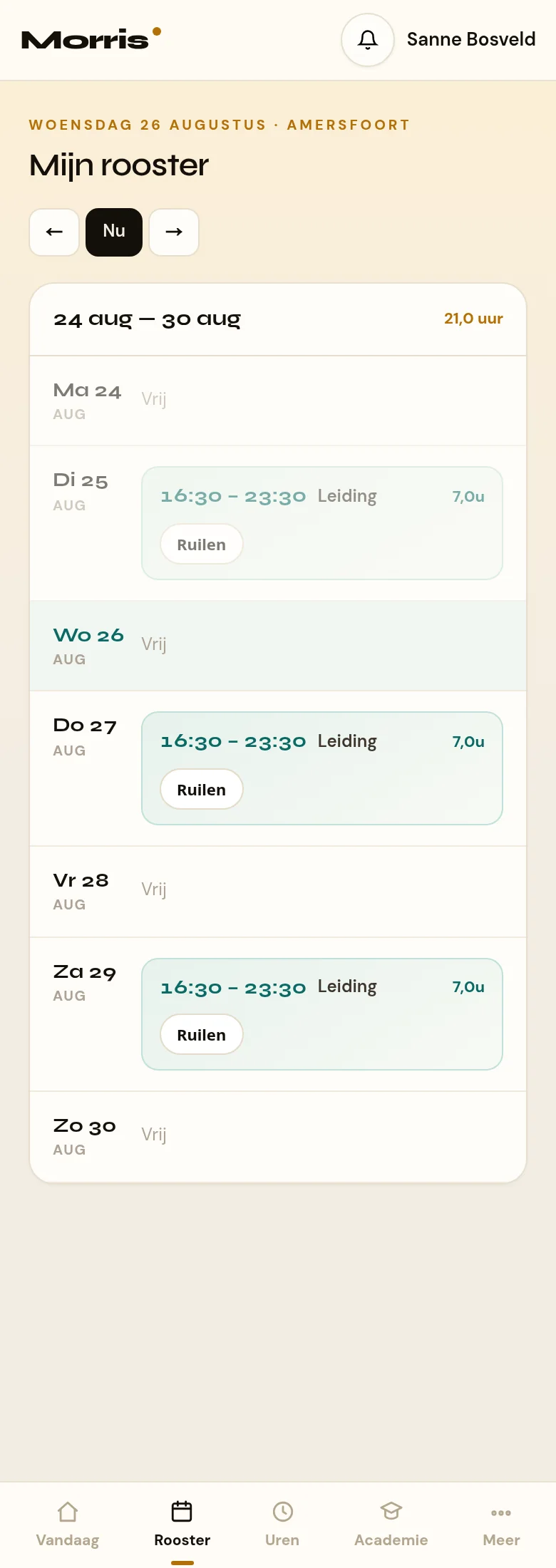 Mijn rooster op de telefoon: de week van maandag tot en met zondag, met per dienst de tijden en een ruilknop