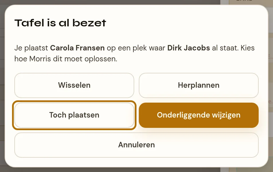 De conflictdialoog Tafel is al bezet, met de keuzes wisselen, herplannen en toch plaatsen